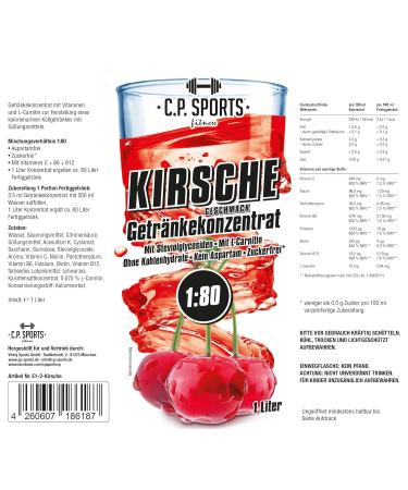 Buy C.P.Sports Sugar-Free Beverage Concentrate 1:80 - 80L Fitness Drink with L-Carnitine & Vitamins - 1L Cherry Flavor + Dosing Pump - International Shipping - Buy Online on SooperMarket.com