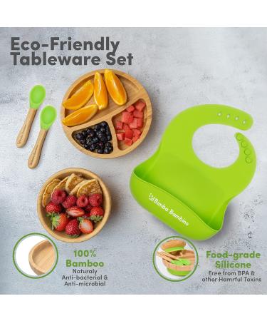 Bimba Bambino Baby Weaning Set - Bamboo Suction Plate, Bowl, 2 Spoons, Silicone Bib | Non-Toxic, Natural Bamboo, Green - Buy Online on SooperMarket.com
