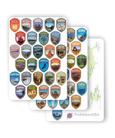 1 x 1.5 inch Collection 63 Stickers Set All National Parks USA Complete Collection Shield N.P. Passport Colors Vinyl Stickers. Map of US National Parks.