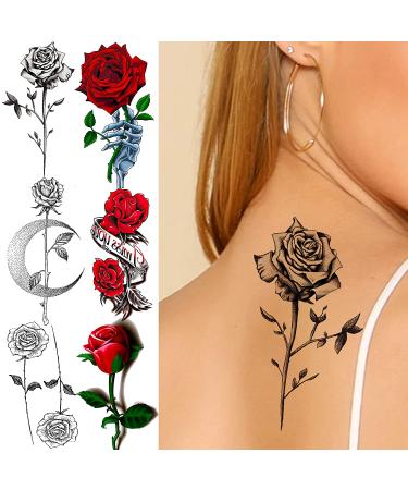 Black Sketch Rose & Snake Temporary Tattoos for Women - Waterproof Sexy Red Rose & Crescent Moon Tattoo Sticker Kit - Buy Online on SooperMarket.com