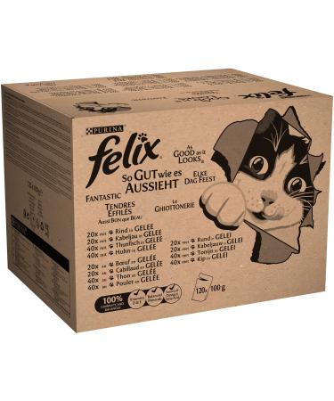 Felix Katznassfuck as good as it looks in jelly mixed variety with cod beef chicken and tuna jumbo pack 120 x 100 g of portion bags