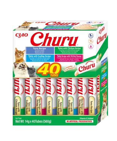 Inaba Churu - Cat delicacies from 4 types of seafood and tuna as puree - tasty cat snacks - smooth & creamy texture - Tiere food - 40 tubes x 14g tuna & seafood 14 g (40 Pack)