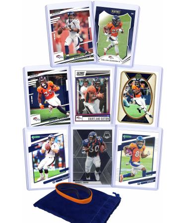 Denver Broncos Cards: Russell Wilson Melvin Gordon Javonte Williams Courtland Sutton Jerry Jeudy John Elway Terrell Davis Tim Patrick ASSORTED Football Stars & Legends Trading Card & Wristbands Bundle