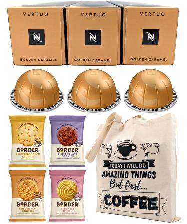 Nespresso Vertuo Golden Caramel Coffee Capsules - 3 Boxes (30 Pods) Bundled with Border Biscuits Selection & Giftable Tote Bag