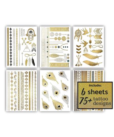 Gold Metallic Henna Temporary Tattoos - 75+ Mandala, Feathers, Dream Catcher, Arrows - Waterproof, Long Lasting for Beach, Festivals, Parties - Buy Online on SooperMarket.com
