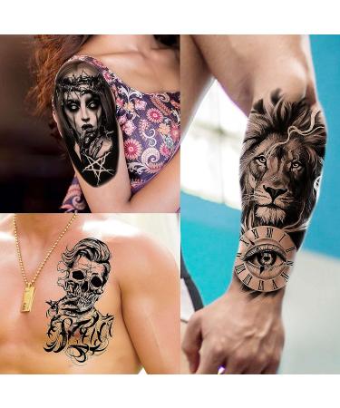 3D Black Skull Halloween Temporary Tattoos - 59 Sheets | Long Lasting Fake Tattoos for Adults & Kids - Realistic Owl, Wolf, Lion, Tiger, Devil | Body Art Stickers - Buy Online on SooperMarket.com