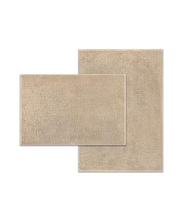 PSBP BEAUTY Bathroom Rugs Set 2 Piece Washable Non Slip Bath Mat Rugs for Bathroom Extra Soft and Absorbent Fluffy Striped Chenille Bathroom Accessories (30 x 20 Plus 17 x 24  Beige) 30 x 20 Plus 17 x 24 Beige