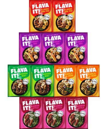 Flava It Seasoning Spices Marinade 12 x 35g - 5 Flavours Mix (Chinese Style Smokey BBQ Garden Mint Garlic & Herb Piri Piri)
