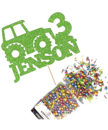 Cakeshop Cake Decoration Pack | Digger Tractor Premium Double Sided Glitter Card Cake Topper Sign & 25g Party Pack of Cake Sugar Sprinkles | Custom Name & Age Cake Decorations (Green) Non-Prime Glitter Card: Green