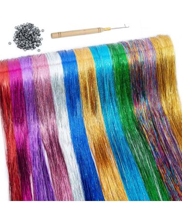 Hair Tinsel Hair Tinsel Kit with Tools Tinsel Hair Extensions 12 Colors 3200 Strands Glitter Hair Tinsel Heat Resistant 46 Inch Fairy Hair 12Colors-46Inch-3200Strands 12 Colors with kit