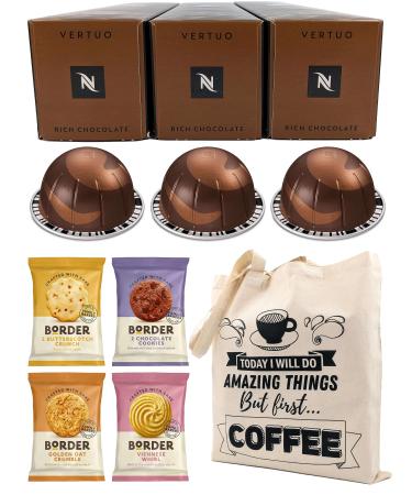 Nespresso Vertuo Coffee Capsules - Rich Chocolate - 3 Boxes (30 Pods) Bundled with Border Biscuits Selection & Giftable Tote Bag