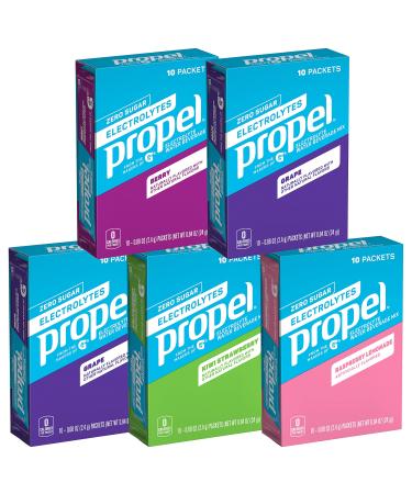 Propel Powder Packets 4 Flavor Variety Pack With Electrolytes Vitamins and No Sugar 10 Count (Pack of 5) (Packaging May Vary)