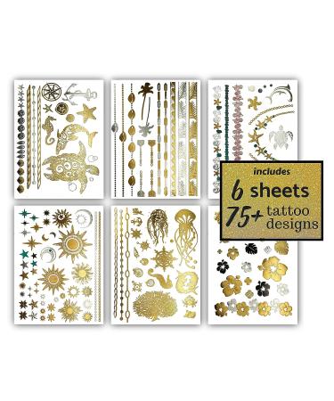 Terra Tattoos Tropical Hawaiian Metallic Temporary Tattoos - 75 Gold Silver Designs with Turtles, Dolphins, Stars, Sun, Moon, and more! - Buy Online on SooperMarket.com