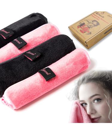 4 Pack Makeup Remover Cloths - Extra Large 16 Inch X 8 Inch Reusable Fast Drying Washcloth Remove Makeup Instantly with Water, Deep Exfoliating Facial Cleansing Cloths for All Skin Types Pink, Black