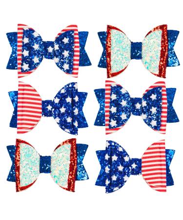 Whaline 4th of July Bow Hair Clips 6pcs Glitter American Flag Barrette Hair Bow Patriotic Stars and Stripes Hairgrips Baby Girls Women Hair Accessories for Independence Day Memorial Day