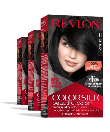 Permanent Hair Color by Revlon, Permanent Hair Dye, Colorsilk with 100% Gray Coverage, Ammonia-Free, Keratin and Amino Acids, 011 Soft Black, (Pack of 3) NEW 11 Soft Black