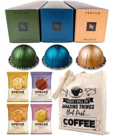 Nespresso Vertuo Coffee Capsules - Stormio Odacio Melozio - 3 Boxes (30 Pods) Bundled with Selection of Border Biscuits & Tote Gift Bag