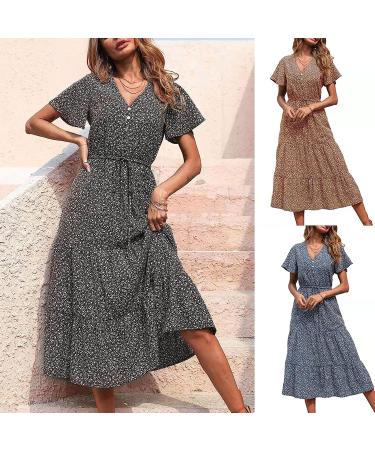 BOXIACEY Spring Dress for Women - V Neck Short Sleeve Maxi Dress with Belted Ruffle Hem | Small Dark Blue - Buy Online on SooperMarket.com