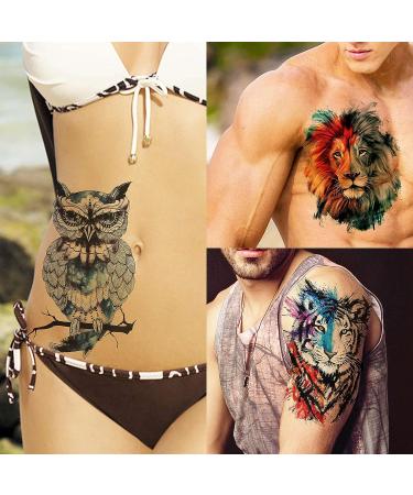 VANTATY 54 Sheets Large Watercolor Temporary Tattoos - Tribal Wolf Lion Tiger Owl Flower Designs for Men and Women - Long Lasting Fake Tattoos for Thigh, Arm, and Chest - Buy Online on SooperMarket.com