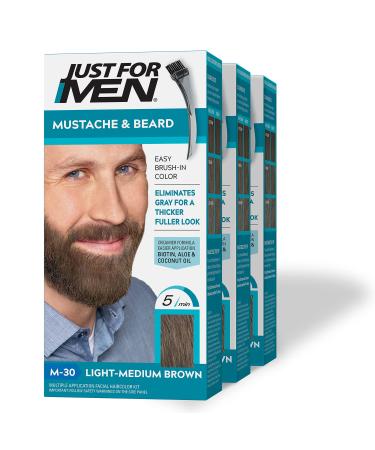 Just For Men Mustache & Beard Beard Dye for Men with Brush Included for Easy Application With Biotin Aloe and Coconut Oil for Healthy Facial Hair - Light-Medium Brown M-30 Pack of 3 Pack of 3 Light-Medium Brown M-30