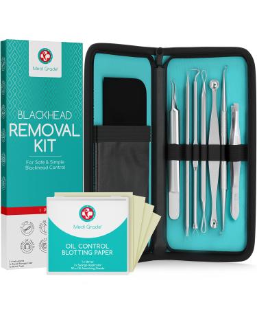 Medi Grade Blackhead Remover Tools - Effective Spot Popping Kit for Acne Prone Skin - 7 Skincare Tools with 50 Sheets of Oil Absorbing Blotting Paper - Pimple Popper Spot Treatment Kit for Face