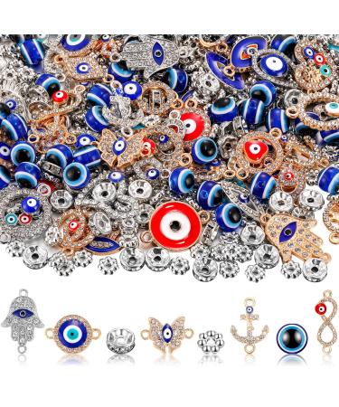 450 Pieces Evil Eye Beads Blue Evil Eye Charms Rondelle Spacer Beads Mix Alloy Enamel Evil Eye Charms Jewelry Connectors Silver Flower Beads for DIY Craft Bracelet Necklace Jewelry Making