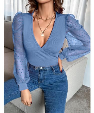 Fayenne Womens Tops Deep V Neck Cross Wrap Sexy Tops Polka Dot Mesh Long Sleeve T Shirt Casual Blouses M Grey Blue - Buy Online on SooperMarket.com