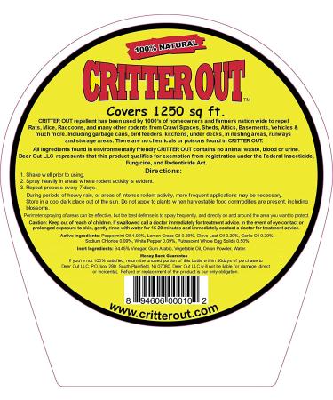Peppermint Oil Rodent Repellent | Critter Out 40oz Ready To Use | Protect Your Home & Engine Wiring - Buy Online on SooperMarket.com