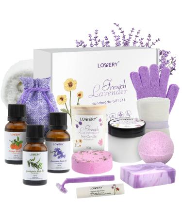 Luxury Bath Gift Set 18pc French Lavender Relaxation Spa Gift Basket for Women & Men Handmade Gift Box Body Oils Organic Lip Balm Scented Candle Bath Bomb & More Spa Kit Gift for Birthday