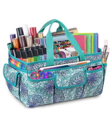 FINPAC Large Craft Storage Tote Bag with Multiple Pockets Scrapbooking Carrying Case Storage Caddy with Handle for Sewing Art Desktop Baby Care Supplies (Emerald Illusions) *Emerald Illusions