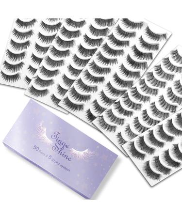 50 Pairs 5 Styles Natural False Eyelashes Set, TINGESHINE Professional Eyelashes Pack, Handmade Soft Band Reusable Comfortable Fake Lashes, 10 Pairs Eyes Lashes Each Style 50 Pair (Pack of 1)