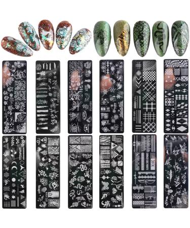 RUNRAYAY 12Pcs Retro Theme Nail Art Stamping Plate Kit with Various Pattern Flower Snake Butterfly Collection Nail Template Stamp for Thanksgiving Christmas Nail Design DIY Print Manicure Salon