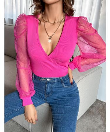 Fayenne Womens Tops Deep V Neck Cross Wrap Sexy Tops Polka Dot Mesh Long Sleeve T Shirt Casual Blouses L Hot Pink - Buy Online on SooperMarket.com