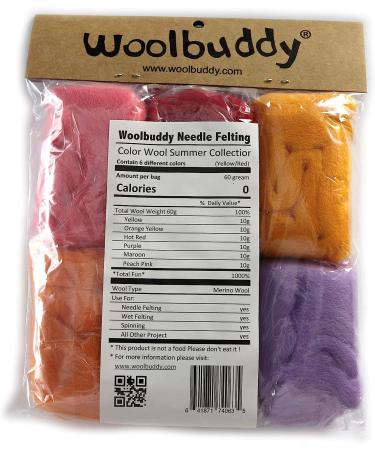 Woolbuddy Needle Felting Wool Roving - 6 Vibrant Colors - Handmade Natural Wool with Instructions - Summer Wool Bag - Buy Online on SooperMarket.com