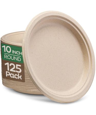 100% Compostable Paper 10 inch Bulk 125-Pack Disposable Heavy-Duty Quality, Natural Bagasse Eco-Friendly Biodegradable Made of Sugar Cane Fiber, Large 10" Dinner Plate
