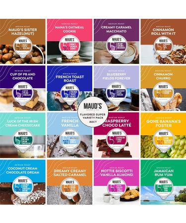 80ct Maud's Super Flavored Coffee Pods Variety Pack - 100% Arabica, 16 Flavors, Solar Energy Produced, Recyclable - KCup Compatible - California Roasted - 80 Count - Buy Online on SooperMarket.com