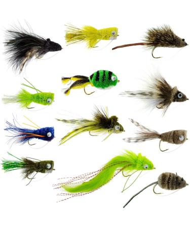 The Fly Fishing Place Bass Bug Collection - Set of 12 Bass Fly Fishing Flies - Surface Poppers Divers and Subsurface - Hook Sizes 2,4 and 6