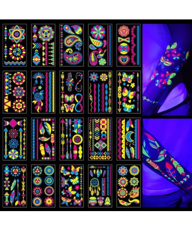 20Sheet Glow in The Dark Temporary Tattoos 160+Styles Aldult Fluorescence UV Neon Body Face Fake Waterproof Tattoo Stickers for Women Men,Rave Festival Accessory Party Supplies