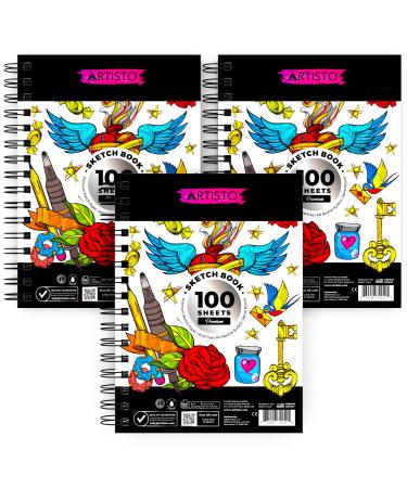 Artisto 5.5X8.5 Premium Sketch Book Set, Pack of 3 (300 Sheets), 84lb (125g/m2), Spiral Bound, Acid-Free Drawing Paper, Perfect for Most Dry Media, Ideal for Kids, Teens & Adults.