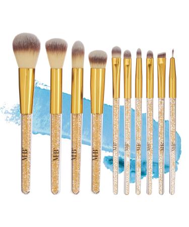 Expressions 10pc Pro Makeup Brush Set w/Sparkling Gemstones in Gold - 10 Quality Soft Bristle Makeup Brushes For Everyday Use - Professional Makeup Brushes & Tools
