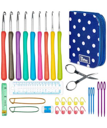 BeCraftee Crochet Hooks Kit - 31 Piece Set with 9 Ergonomic Hook Sizes 6 Yarn Needles Additional Knitting & Crochet Supplies and Carrying Case Hooks and Accessories Case