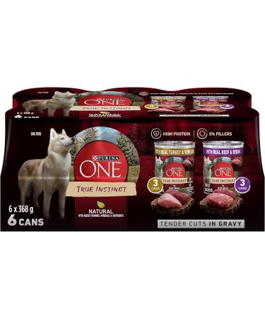 Purina ONE True Instinct High Protein Dry Dog Food Beef & Bison - 6.8 kg Bag & Tender Cuts True Instinct Wet Dog Food in Gravy Variety Pack 2 Flavours - 368 g Can (6 Pack) - Buy Online on SooperMarket.com