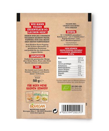 Biovegan Mein K shew Pasta Topping - Vegan Parmesan Replacement Organic Cashew Cheese Alternative (Chilli Garlic) - 8 x 50g - Buy Online on SooperMarket.com