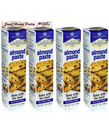 Odense Almond Paste Pack of 4 Boxes - 7oz Tubes of Almond Paste for Baking - Gluten Free Alternative to Marzipan - Bundle with Ballard Products Recipe Card