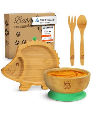 Babylovit Baby dishes with suction cup stress -free meals divided with bamboo children's plates bowl & children's best baby harness slide perfect for the dining phase hedgehog with bowl