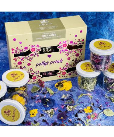 Edible Dried 'Enchanted' Flower Petal Cake Decorating Gift Set- 6 x 120ml Jars In Beautiful Presentation Box - Violas Pansies Cornflower Alyssum Pea Shoot Tendrils Nasturtium Leaves (464)