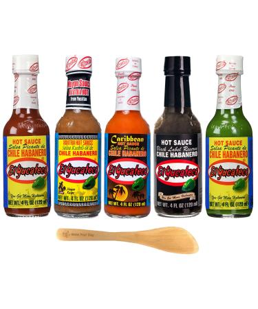 El Yucateco Chile Habanero Hot Sauce, Red Habanero, XXXtra Hot, Carribean, Black Label Reserve, and Green Habanero, 4 Ounce (5 Pack) - Packed in MYD Box with Spreader