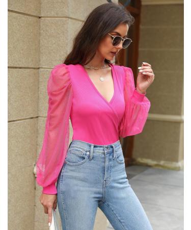 Fayenne Womens Tops Deep V Neck Cross Wrap Sexy Tops Polka Dot Mesh Long Sleeve T Shirt Casual Blouses M Hot Pink - Buy Online on SooperMarket.com