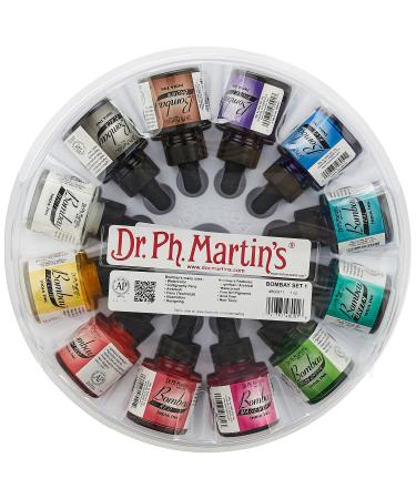 Dr. Ph. Martin's Bombay India Ink (Set 1) Ink Set, 1.0 oz, Set 1 Colors, 1 Set of 12 Bottles