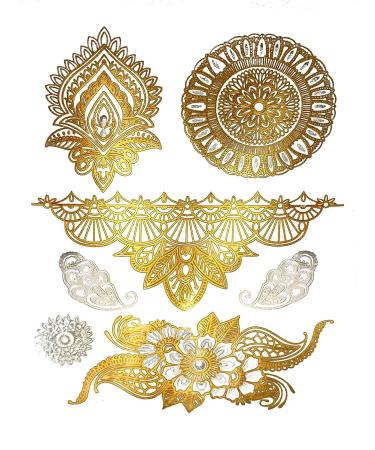 Gold Metallic Henna Temporary Tattoos - 75+ Designs Elephants, Flowers, Evil Eye & More! Waterproof, Non-Toxic, Long Lasting - Ideal for Beach, Festivals, Parties - Buy Online on SooperMarket.com